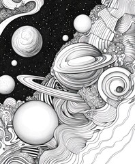 Wall Mural - A detailed illustration of planets and cosmic elements in a black-and-white design.