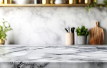 Wall Mural - Spectacular selective focus on marble table top with blurry white background in a kitchen