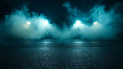Poster - Dark street asphalt abstract dark blue background empty dark scene neon light spotlights the concrete floor and studio room with faint smoke floating up the interior texture for display products