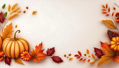 Autumn Top View Mockup - simple fall autumn poster with scattered leaves, a small pumpkins and white copy space for text or graphics. Graphic art illustration