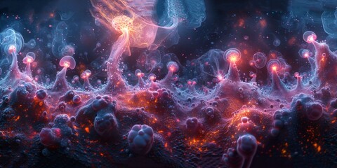 Wall Mural - An immersive 360-degree panorama of the adrenal medulla, with its cluster-like chromaffin cells and catecholamine release, captured with