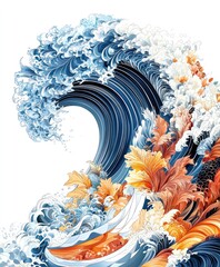 Canvas Print - A stylized wave featuring intricate details and vibrant colors, reminiscent of traditional art.