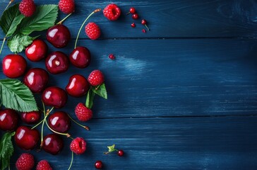 Sticker - Sweet Summer Berries on a Blue Wooden Background