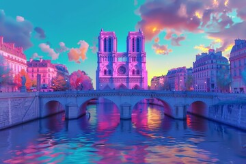 Wall Mural - Notre-Dame Cathedral during Paris Olympics, vibrant sports scenes, romantic and artistic elements, colorful 3D style 