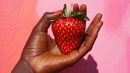 Close-up of a person's hand holding a piece of fruit, showcasing the smooth skin and vibrant color of the fruit. The background is minimal to highlight the hand and fruit.