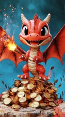 Sticker - Cute Red Dragon Holding a Torch Standing on a Pile of Gold Coins