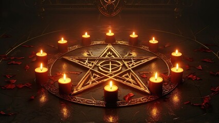 A pentagram surrounded by candles on a dark surface.