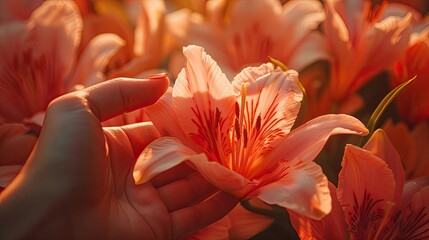 Close-up of a person's hand gently touching a flower, showcasing the smooth skin and delicate texture of the petals. The background is minimal to highlight the hand and flower.