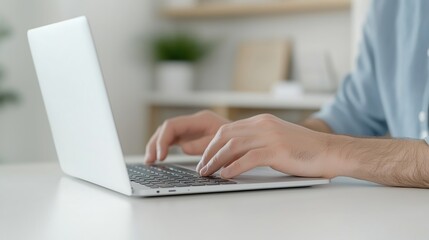 Wall Mural - Close-up of hands typing on a laptop keyboard in a bright and modern workspace, symbolizing work and productivity.