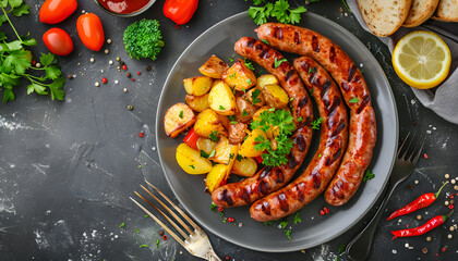 Sausage with fried potatoes and vegetables on a plate. Top view