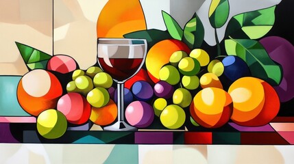 Wall Mural - Still Life with Grapes, Fruit and a Glass of Wine