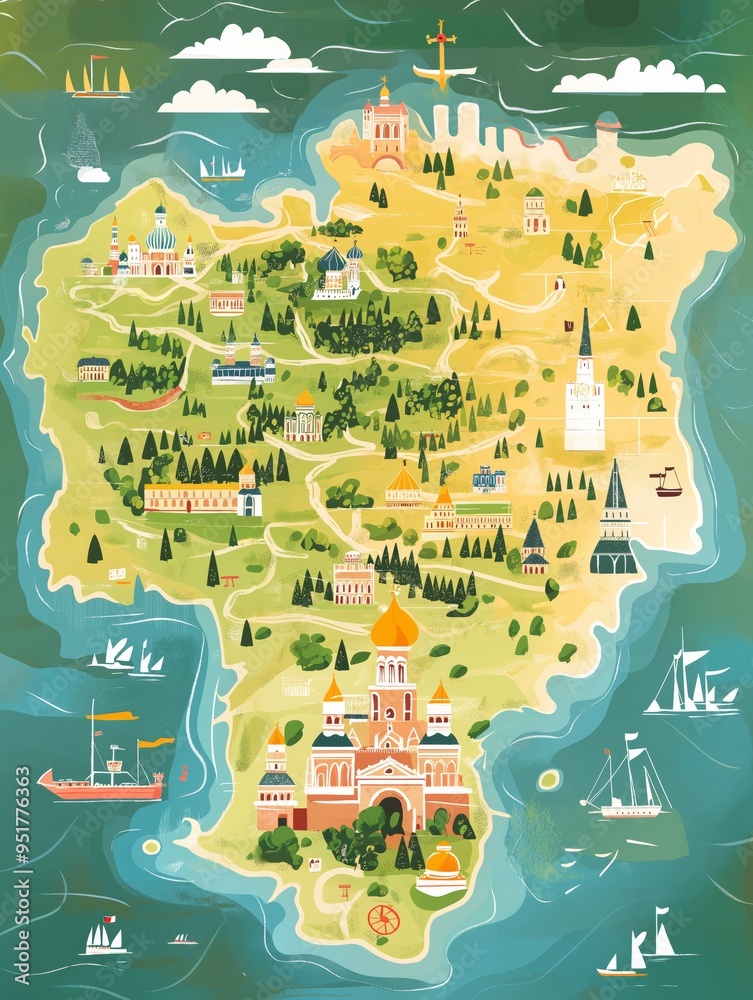 Illustrated map of a fantasy island with landmarks, forests, and boats ...