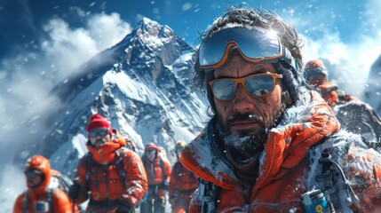 Poster - depict a multigenerational group of hikers taking a selfie at mount everest base camp, showcasing th