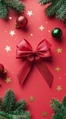 Poster - Red Christmas Bow with Green Pine Branches on a Red Background