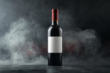 Wall Mural - Red wine bottle mockup with white label for branding, on smoke background