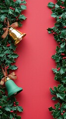 Poster - Festive Christmas Holly Border with Golden and Green Bells