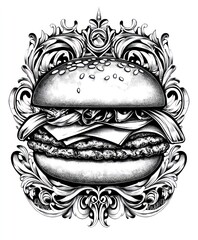 Sticker - A detailed black and white illustration of a hamburger with ornate designs.