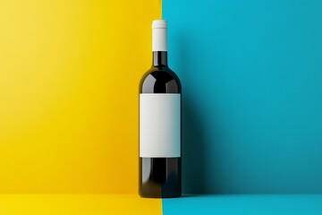 Wall Mural - Red wine bottle mockup with white label for branding, on yellow and blue background