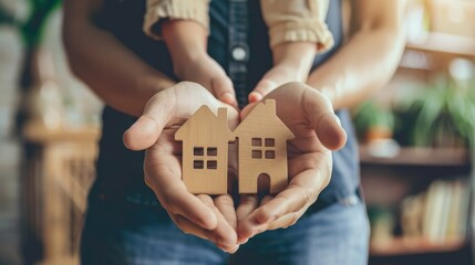 Poster - A person is holding two wooden houses in their hands