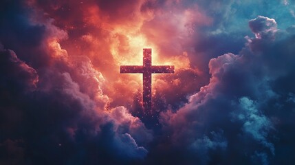 Abstract wallpaper of a Cross in heavenly, ethereal clouds and shining lights. Cross background symbolizing prayer, heaven, or spirituality. generative ai