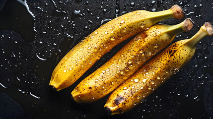 Wall Mural - Fresh ripe yellow banana with waterdrops, macro photo on dark background, healthy fruit, background for food or health commercial