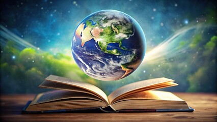 Wall Mural - Open book with Earth planet and books flying around in macro close-up