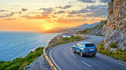 blue car suv driving along a scenic coastal road at sunset, with sea and mountain views. travel and 