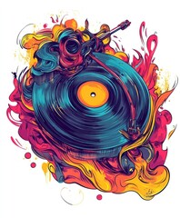 Canvas Print - A vibrant illustration of a vinyl record and turntable surrounded by colorful abstract elements.