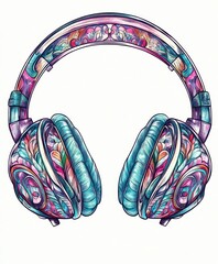 Wall Mural - A colorful illustration of headphones with intricate designs, emphasizing music enjoyment.