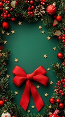 Poster - Festive Christmas Background with Red Bow and Green Fir Branches