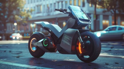 Wall Mural - A futuristic concept motorcycle with a silver and black design, adorned with decorative lights, parked on a quiet, rainy street in a futuristic city at night.