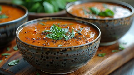 Wall Mural - Highlight the velvety smoothness of a bowl of homemade tomato soup, featuring vibrant red color and fresh basil garnish.