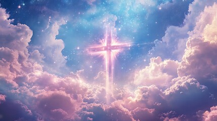 Abstract wallpaper of a Cross in heavenly, ethereal clouds and shining lights. Cross background symbolizing prayer, heaven, or spirituality. generative ai