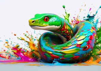 Wall Mural - Smiling snake on a white background with colorful paint splashes. 3D rendering.