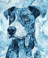 Poster - A stylized blue dog portrait with intricate swirls and patterns.