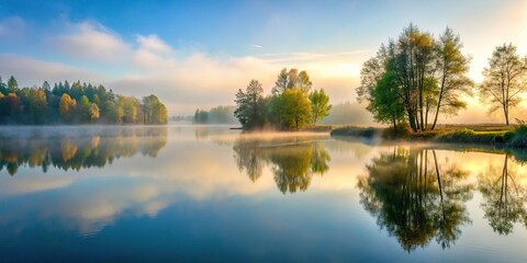 Wall Mural - Foggy morning with lake and trees