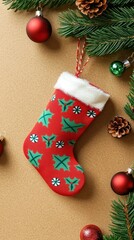 Canvas Print - Red Christmas Stocking with Holly and Candy Cane Pattern on Brown Background