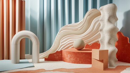 Wall Mural - Abstract Minimalist 3D Render of Curved Shapes and an Arch