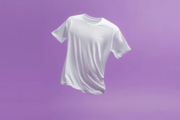 Floating white T-shirt isolated on purple background, perfect for apparel and fashion design displays, advertising or branding purposes.