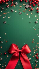 Canvas Print - Festive Green Background with Red Bow and Confetti