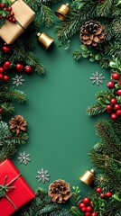 Sticker - Christmas Frame with Green Background, Pine Branches, and Decorations