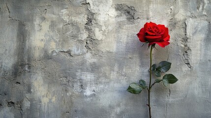 A single red rose against a weathered wall, symbolizing resilience and beauty in adversity.