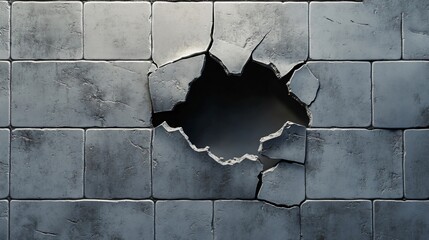 Wall Mural - Realistic crack in a tile wall leading to a jagged hole with broken tiles around it