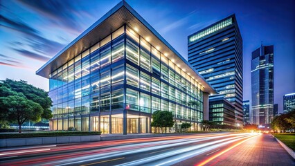 cityscape at night with light trails on modern building