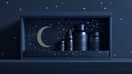 A collection of dark blue bottles arranged on a shelf, with a crescent moon and stars in the background.