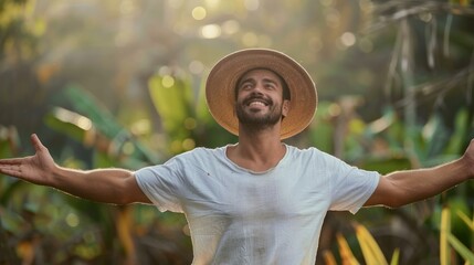 A man wearing a straw hat is smiling and holding his arms out