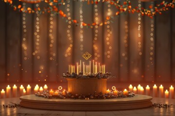 Wall Mural - A beautifully decorated altar with colorful candles, surrounded by warm glow and festive lights, perfect for celebrations.