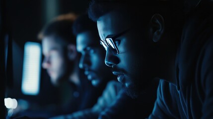 Poster - A team of hackers in a dark, secretive environment, their faces lit by computer screens as they navigate the world of cybercrime.