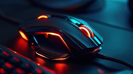 Wall Mural - a close-up of a sleek gaming mouse with vibrant neon lights, perfect for technology enthusiasts and 