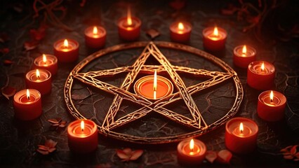 A pentagram with a burning candle in the center is surrounded by 12 lit red candles on a dark surface with red petals.